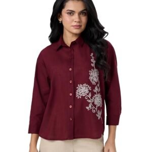 Symbol Premium Women's Embroidered Cotton Shirt | 3/4 Sleeve Button-Down with Floral Embroidery